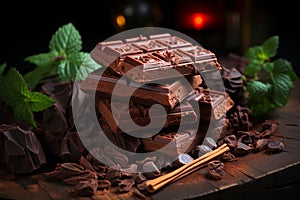 Chocolate delight wrapped bar on a dark wooden backdrop, a temptation