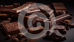 Chocolate dessert indulgence, sweet food candy gourmet Dark milk close up stack broken dark chocolate generated by AI