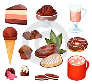 Chocolate dessert menu in cafe, set of isolated sweets and confections, vector illustration