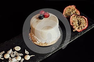 Chocolate dessert with passion fruit