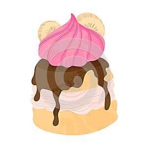 Chocolate dessert with whipped cream, meringue and sliced banana fruits. Vector flat cartoons illustration.