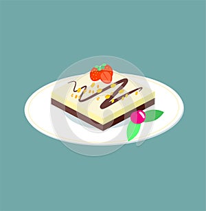 Chocolate dessert on a white saucer with chocolate and strawberries on a blue background. Illustration of a square cupcake