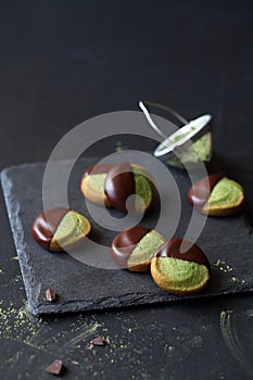 Chocolate Dipped Matcha Tea Cookies