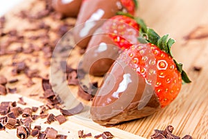 Chocolate dipped strawberries, chocolate pieces around him.