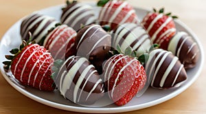 Chocolate-dipped strawberries on a plate photo