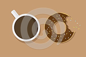 Chocolate donut on brown background mouth bite with cup of coffee with shadow tasty breakfast cafe dessert. Flat design