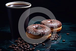 Chocolate donut and a cup of coffee. Generative AI
