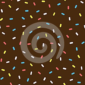 Chocolate donut glaze with sprinkles. Colorful seamless pattern.