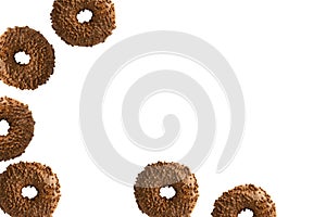 Chocolate donut on white background, isolated. Donut frame with copy space