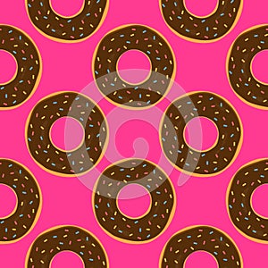 Chocolate donuts with colored glaze. Colorful seamless pattern.