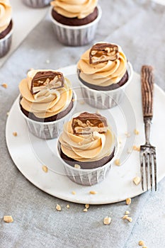 Chocolate dough cupcakes with peanut butter cream cheese frosting and chocolate bites. Rustic background