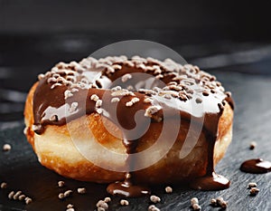 Chocolate doughnut with crunchy sprinkles, close up