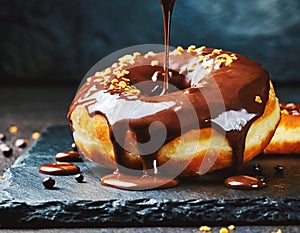 Chocolate doughnut with nuts on black slate