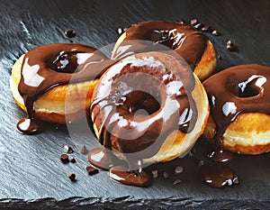 Chocolate doughnuts on black slate