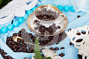 Chocolate dragees in a still life blue colors