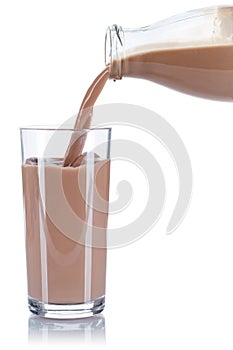 Chocolate drink milk pouring pour glass bottle isolated on white