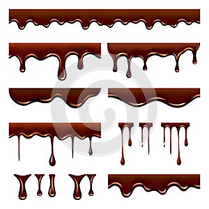 Chocolate dripped. Sweet flowing liquid food with splashes and drops caramel cacao vector realistic pictures