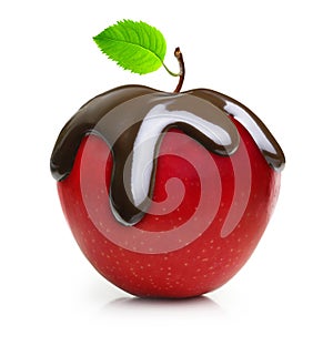 Chocolate drop on red apple fruit
