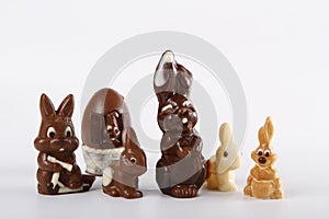 Chocolate easter bunnies made with dark, white and milk chocolate