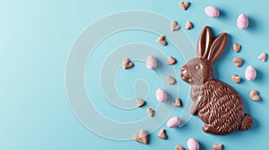 a chocolate easter bunny on a blue background with copyspace