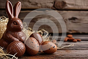 Chocolate Easter bunny and Easter Painted Eggs on wooden background