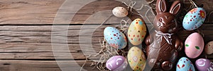 Chocolate Easter bunny and Easter Painted Eggs on wooden background