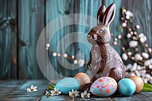 Chocolate Easter bunny and Easter Painted Eggs on wooden background