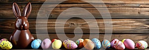 Chocolate Easter bunny and Easter Painted Eggs on wooden background