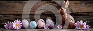 Chocolate Easter bunny and Easter Painted Eggs on wooden background