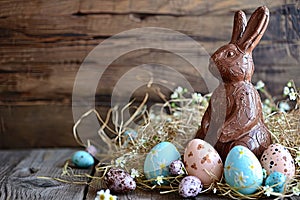 Chocolate Easter bunny and Easter Painted Eggs on wooden background