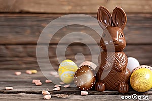 Chocolate Easter bunny and Easter Painted Eggs on wooden background