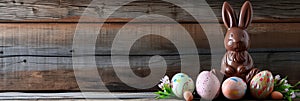 Chocolate Easter bunny and Easter Painted Eggs on wooden background