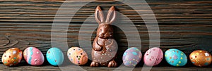 Chocolate Easter bunny and Easter Painted Eggs on wooden background