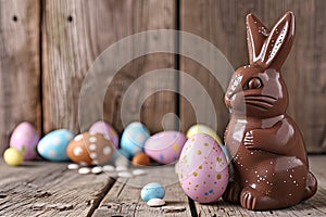 Chocolate Easter bunny and Easter Painted Eggs on wooden background