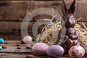 Chocolate Easter bunny and Easter Painted Eggs on wooden background