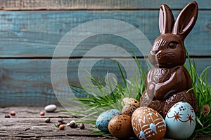 Chocolate Easter bunny and Easter Painted Eggs on wooden background