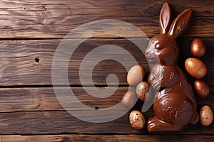 Chocolate Easter bunny and Easter Painted Eggs on wooden background