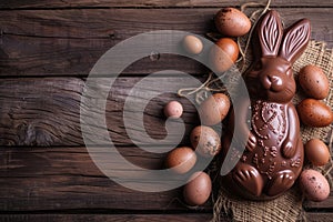 Chocolate Easter bunny and Easter Painted Eggs on wooden background