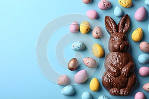 Chocolate easter bunny, eggs and candies on pastel blue background. Delicious Easter holiday sweets for egg hunt