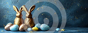 Chocolate easter bunny, eggs and candies on pastel blue background. Delicious Easter holiday sweets for egg hunt