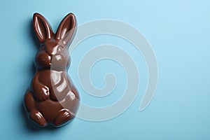 Chocolate easter bunny, eggs and candies on pastel blue background. Delicious Easter holiday sweets for egg hunt
