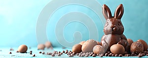 Chocolate easter bunny, eggs and candies on pastel blue background. Delicious Easter holiday sweets for egg hunt