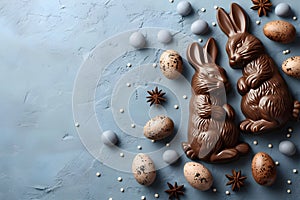 Chocolate easter bunny, eggs and candies on pastel blue background. Delicious Easter holiday sweets for egg hunt