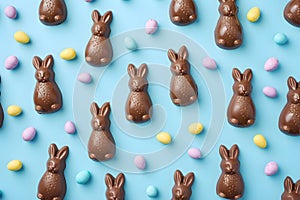 Chocolate easter bunny, eggs and candies on pastel blue background. Delicious Easter holiday sweets for egg hunt