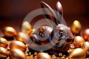 Chocolate easter bunny with gold decoration, traditional seasonal holiday season celebration decoration