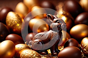 Chocolate easter bunny with gold decoration, traditional seasonal holiday season celebration decoration