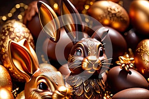 Chocolate easter bunny with gold decoration, traditional seasonal holiday season celebration decoration