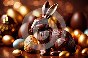 Chocolate easter bunny with gold decoration, traditional seasonal holiday season celebration decoration