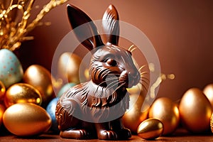 Chocolate easter bunny with gold decoration, traditional seasonal holiday season celebration decoration