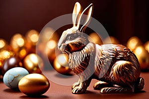 Chocolate easter bunny with gold decoration, traditional seasonal holiday season celebration decoration